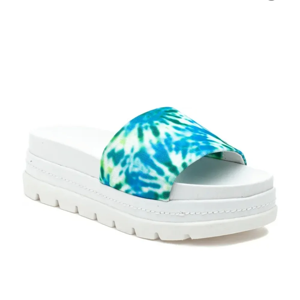 J/SLIDES NYC Brit Slide Sandal Slip On Platforms Blue Green Tie Dye